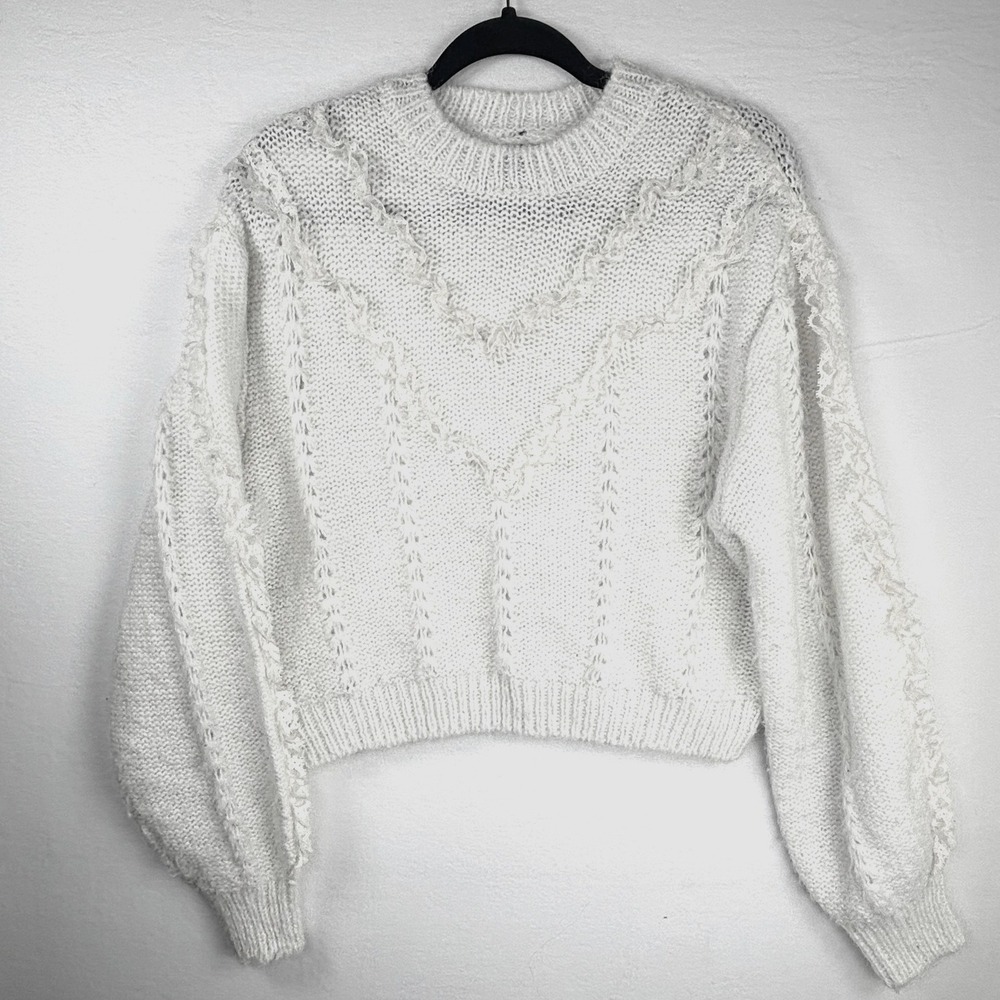 White Cottagecore Sweater Balloon Sleeve Cropped Coquette Preppy S‎ Ruffles Lace